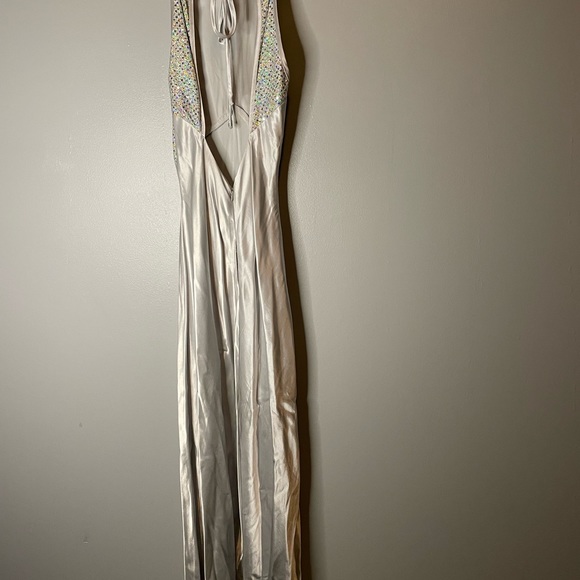 Silver Formal Dress with Sequin Top and Tie Back - Picture 12 of 13